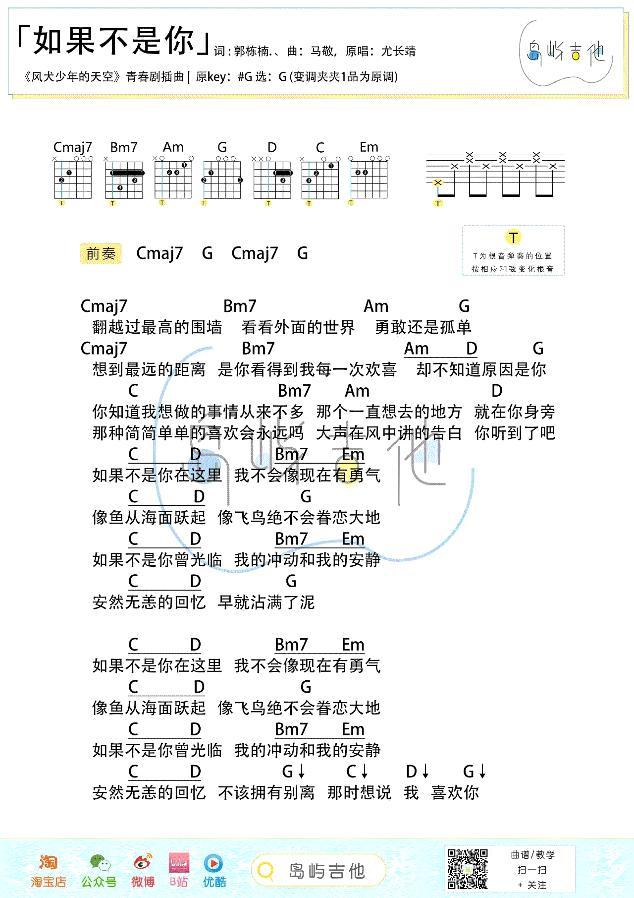 如果不是你吉他谱,原版歌曲,简单G调弹唱教学,六线谱指弹简谱1张图