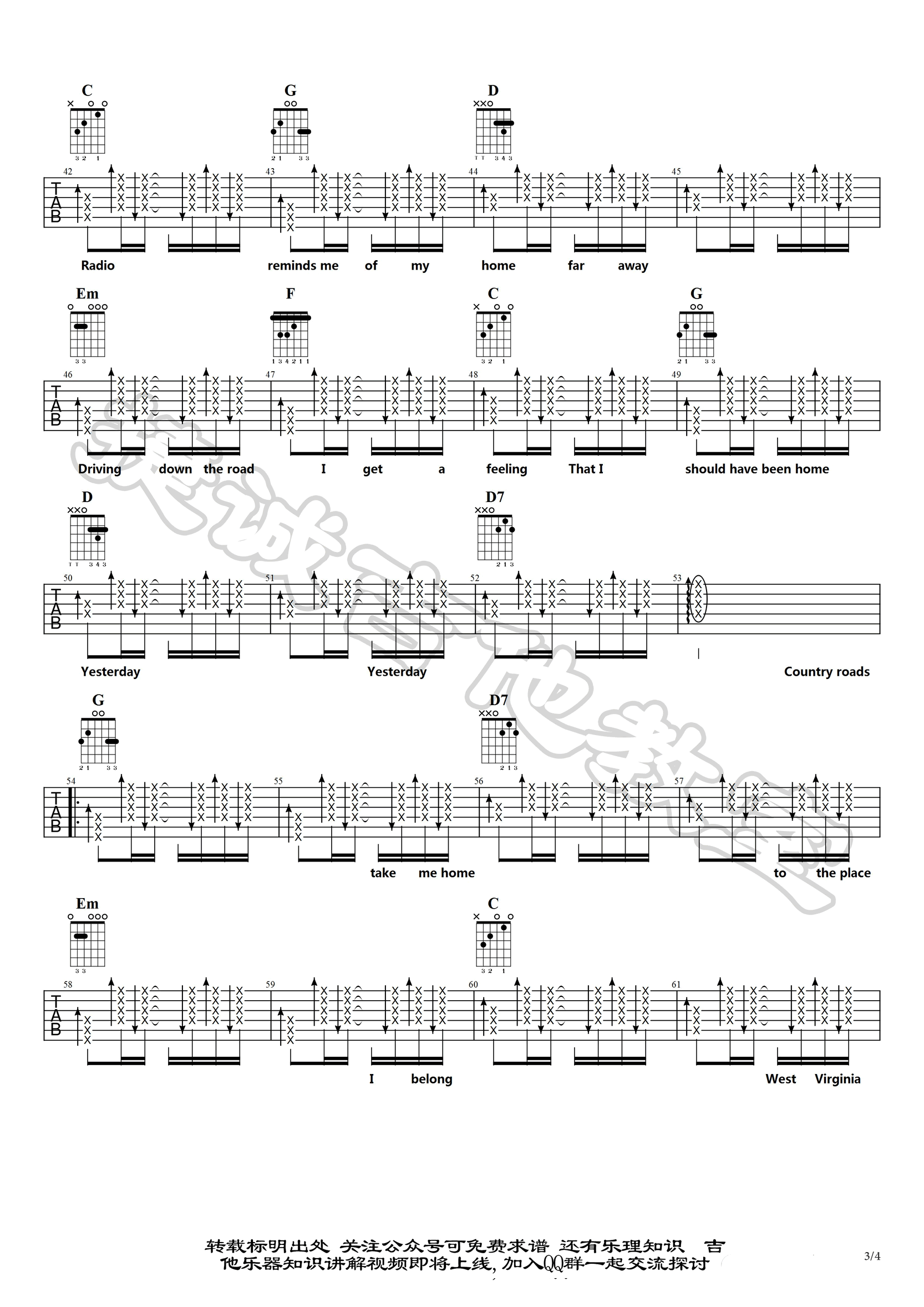 TakeMeHomeCountryRoads吉他谱,原版歌曲,简单G调弹唱教学,六线谱指弹简谱4张图