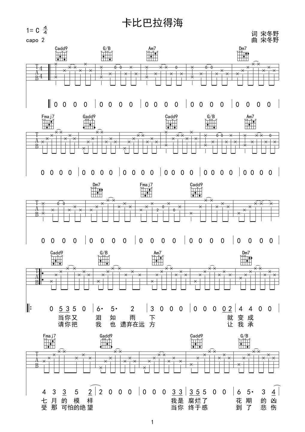 卡比巴拉的海吉他谱,原版歌曲,简单C调弹唱教学,六线谱指弹简谱3张图