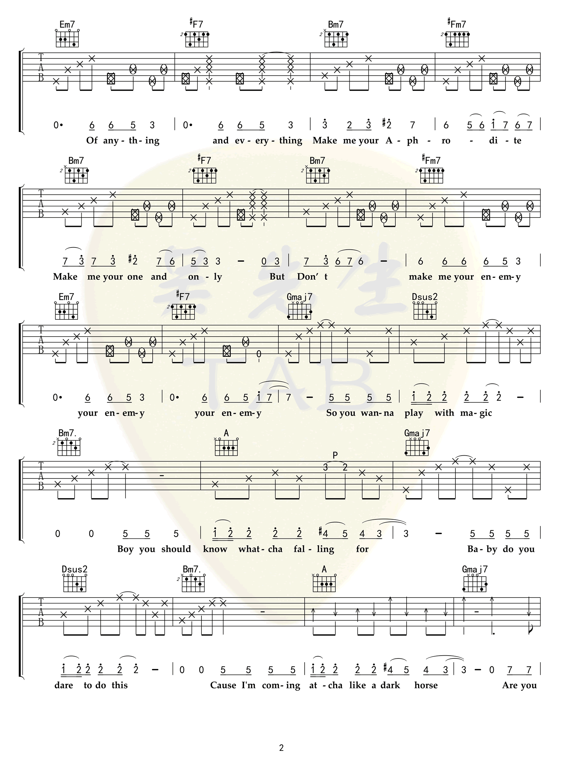 DarkHorse吉他谱,原版歌曲,简单G调弹唱教学,六线谱指弹简谱6张图