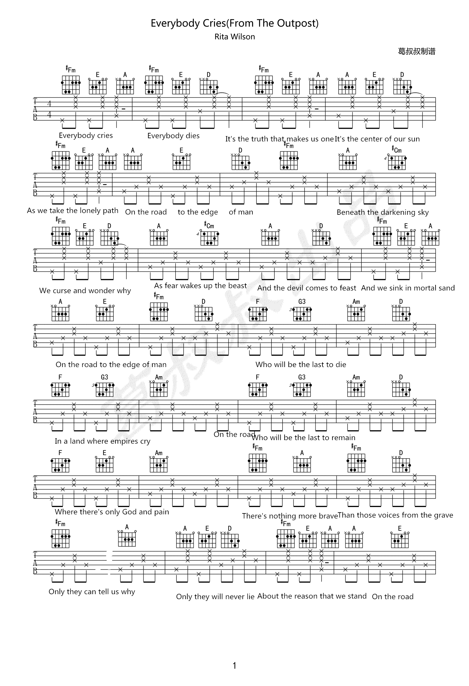 EverybodyCries吉他谱,原版歌曲,简单A调弹唱教学,六线谱指弹简谱2张图