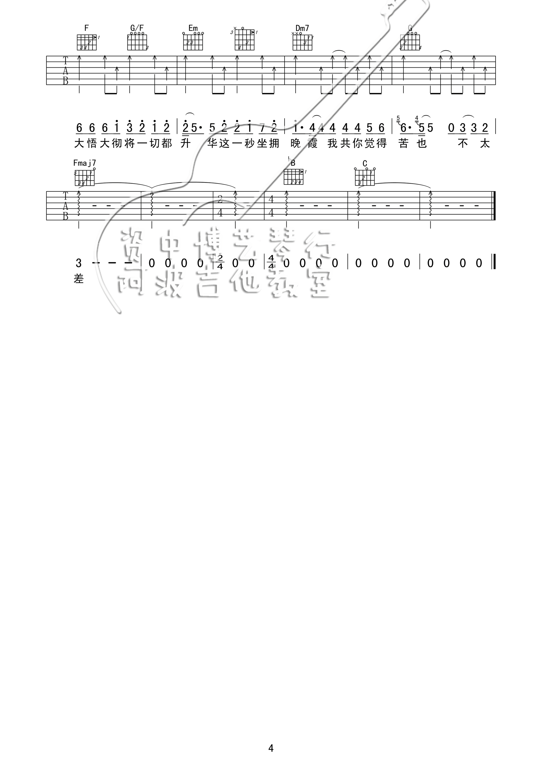 苦瓜吉他谱,原版歌曲,简单C调弹唱教学,六线谱指弹简谱4张图