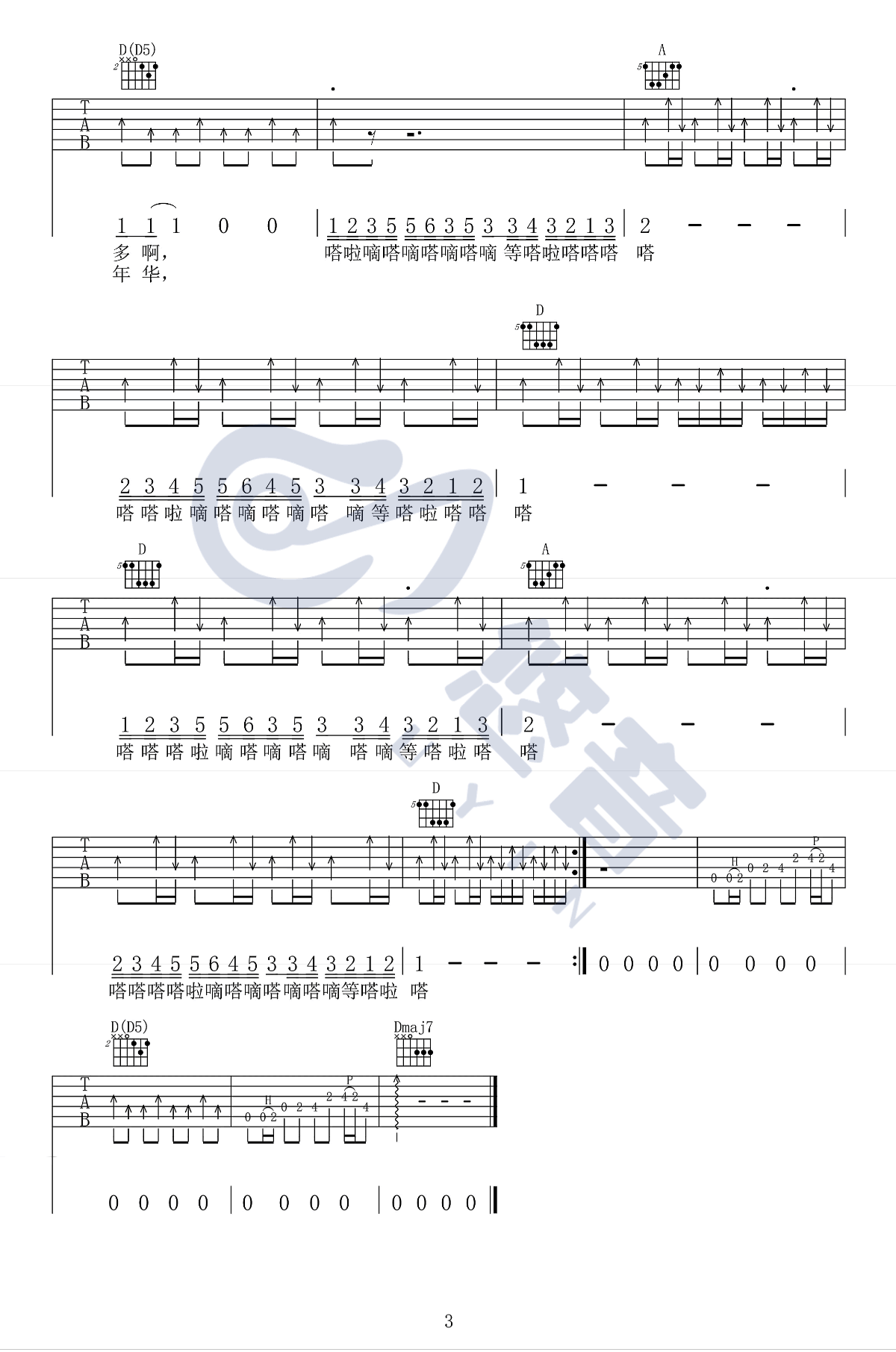 塔吉汗吉他谱,原版歌曲,简单D调弹唱教学,六线谱指弹简谱3张图