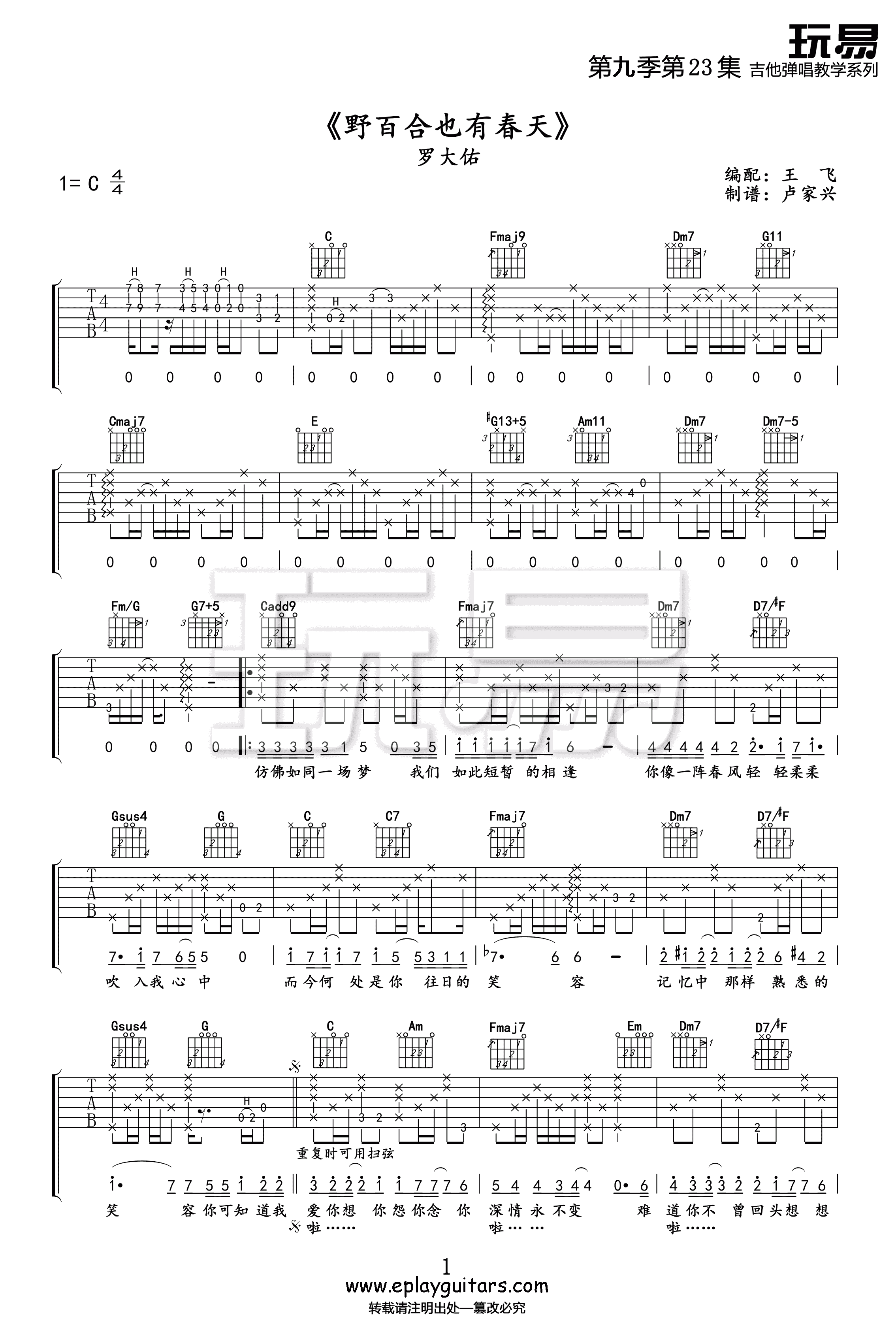 野百合也有春天吉他谱,原版歌曲,简单C调弹唱教学,六线谱指弹简谱2张图