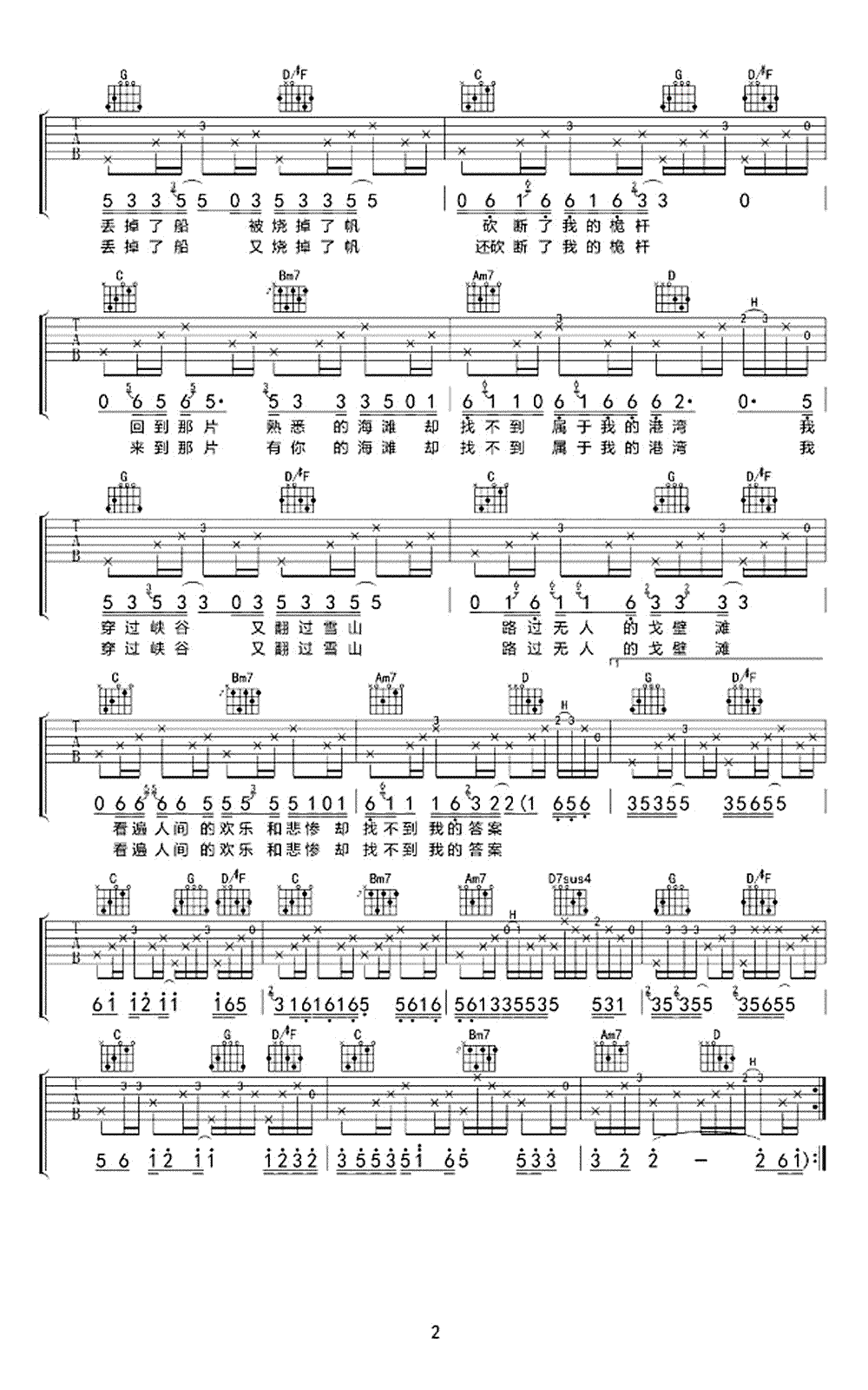 海盗船长吉他谱,原版歌曲,简单G调弹唱教学,六线谱指弹简谱3张图