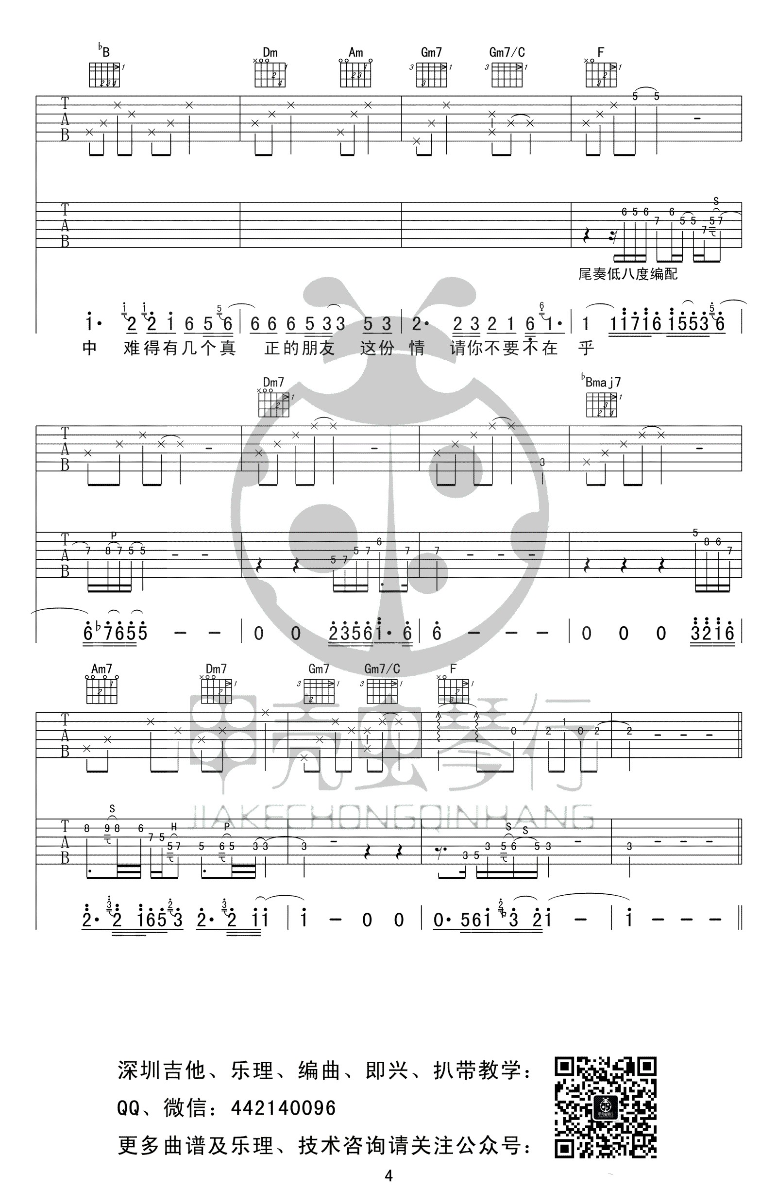 朋友别哭吉他谱,原版歌曲,简单F调弹唱教学,六线谱指弹简谱4张图