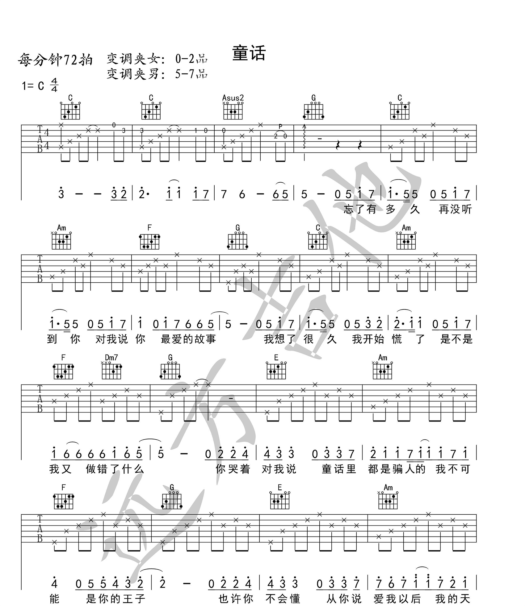 童话吉他谱,原版歌曲,简单C调弹唱教学,六线谱指弹简谱2张图