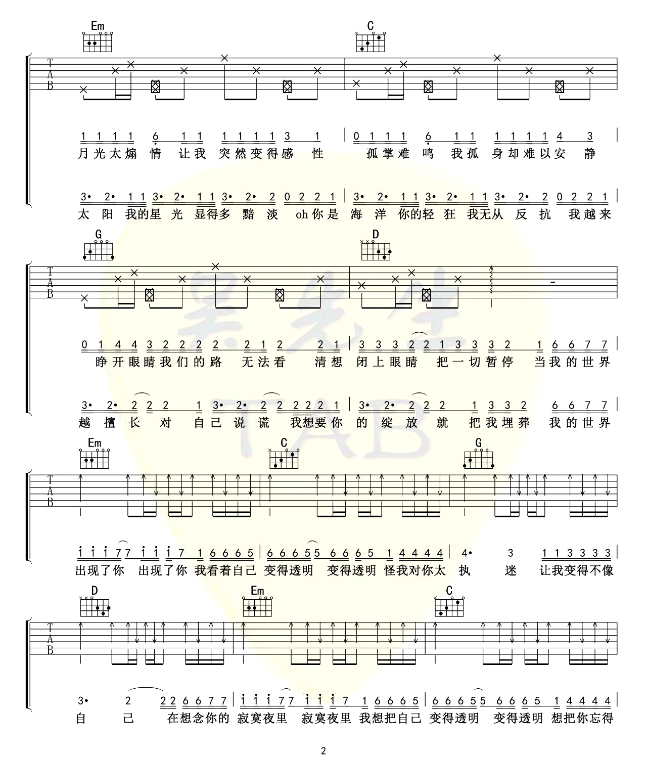 透明吉他谱,原版歌曲,简单G调弹唱教学,六线谱指弹简谱4张图
