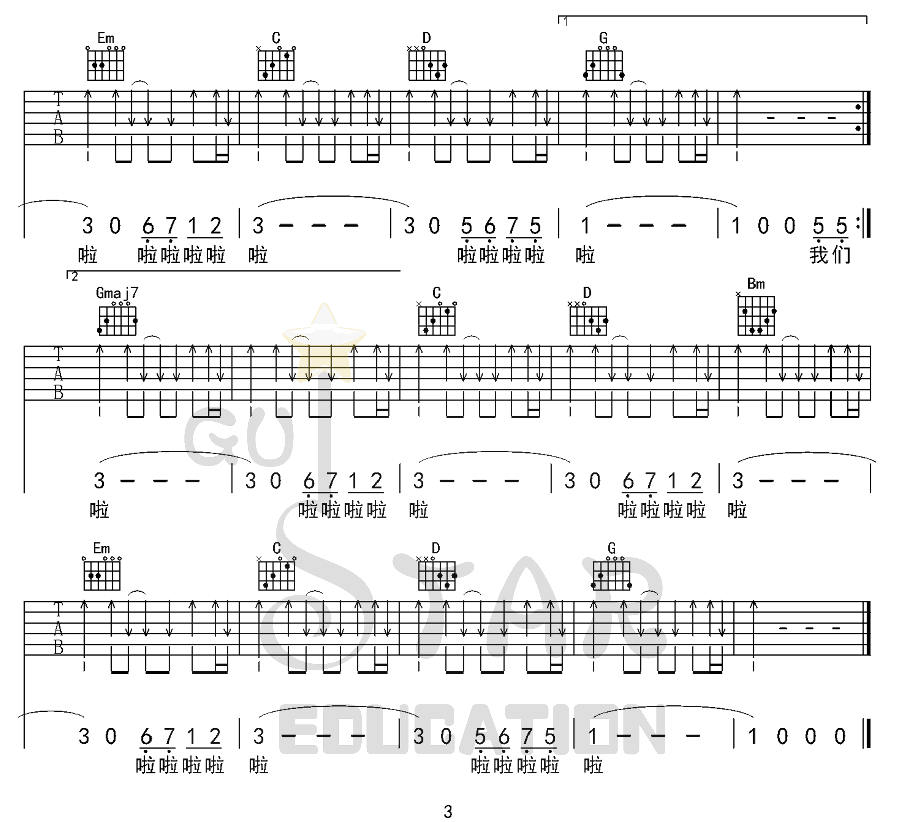 我们羞于表达的感情吉他谱,原版歌曲,简单G调弹唱教学,六线谱指弹简谱3张图