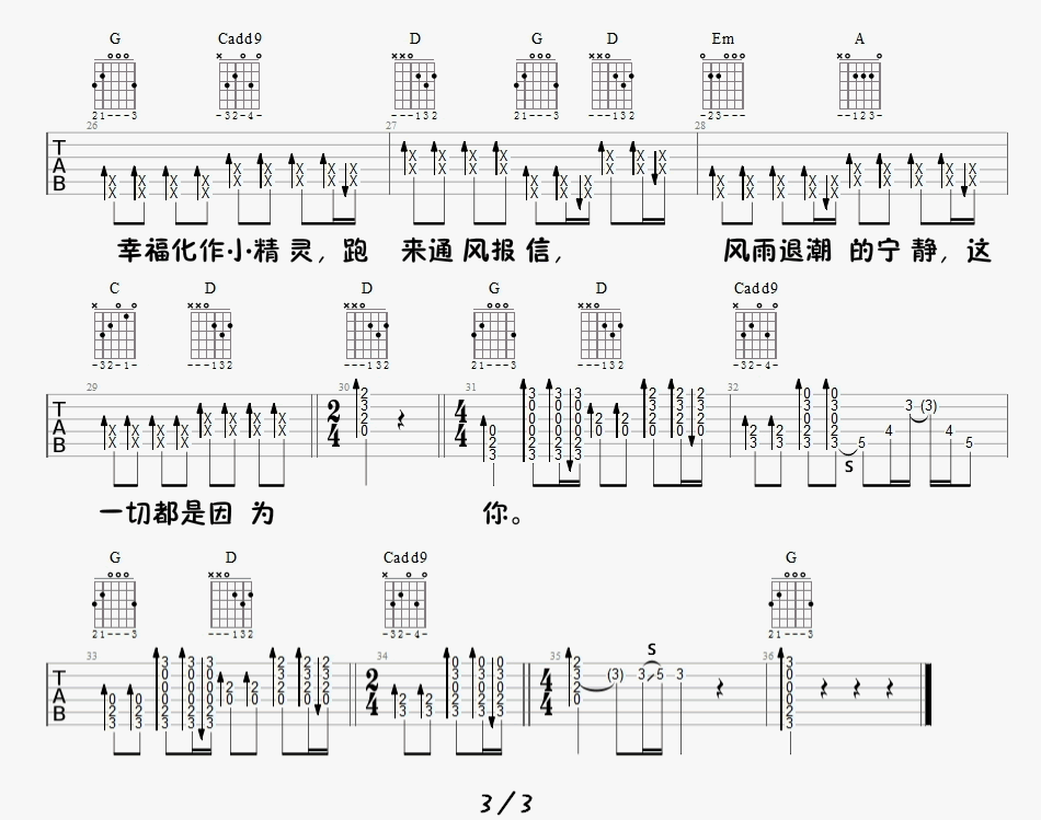 小精灵吉他谱,原版歌曲,简单G调弹唱教学,六线谱指弹简谱3张图