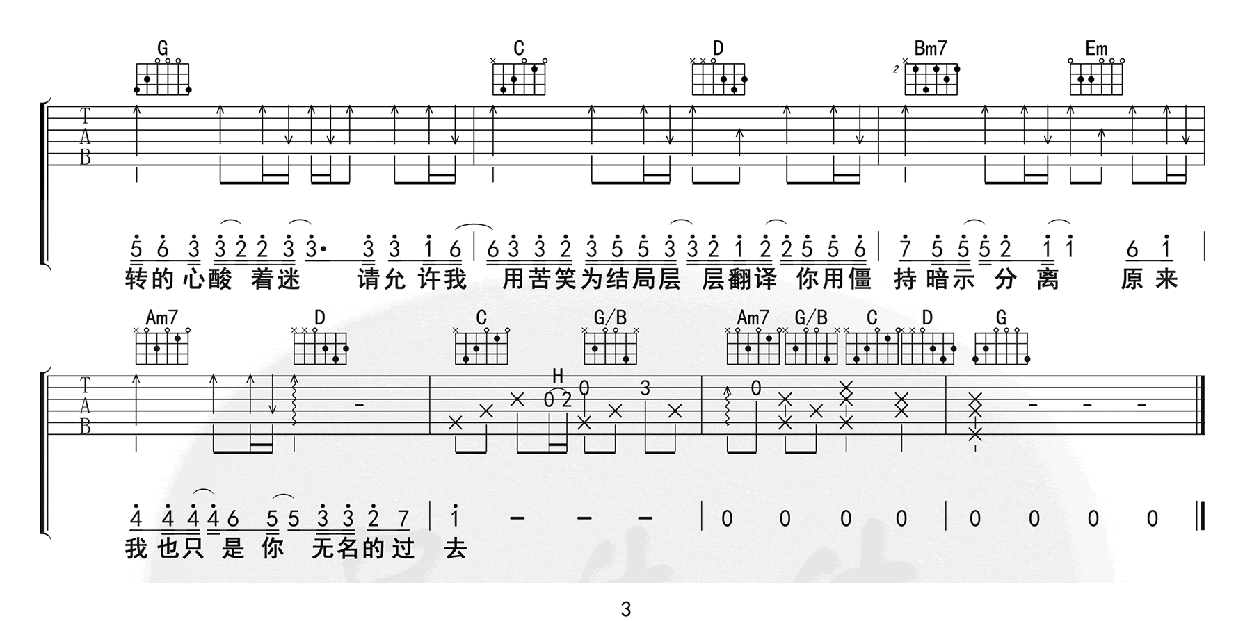 暗示分离吉他谱,原版歌曲,简单G调弹唱教学,六线谱指弹简谱3张图