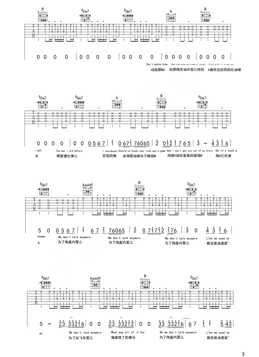 WeDon'tTalkAnymore吉他谱,原版歌曲,简单E调弹唱教学,六线谱指弹简谱4张图