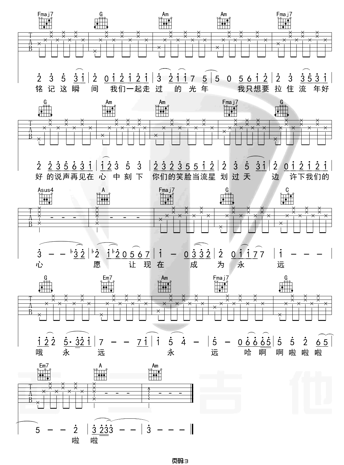 记念吉他谱,原版歌曲,简单C调弹唱教学,六线谱指弹简谱3张图