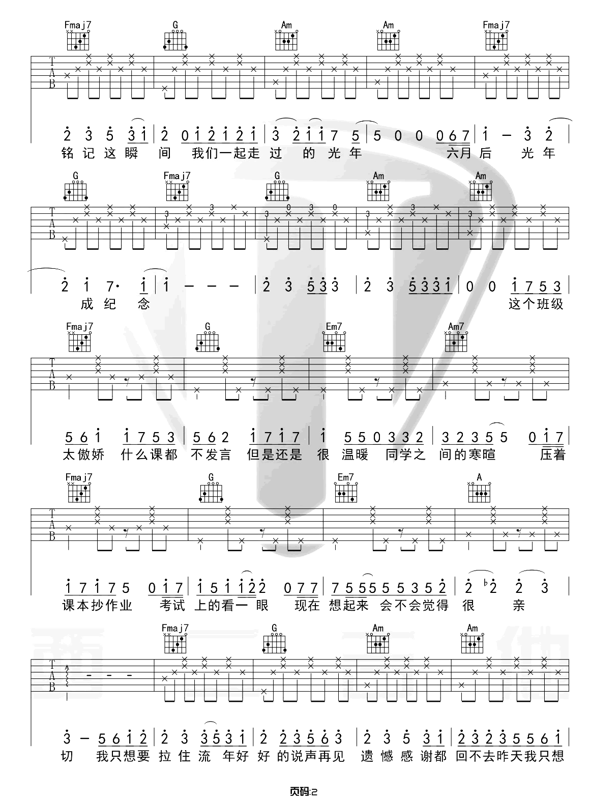 记念吉他谱,原版歌曲,简单C调弹唱教学,六线谱指弹简谱3张图