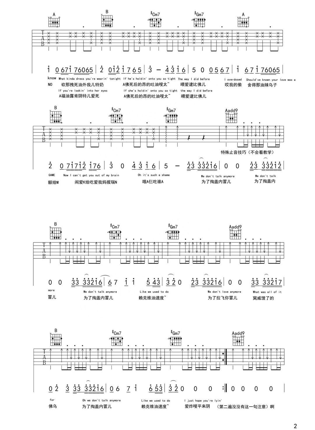 WeDon'tTalkAnymore吉他谱,原版歌曲,简单E调弹唱教学,六线谱指弹简谱4张图