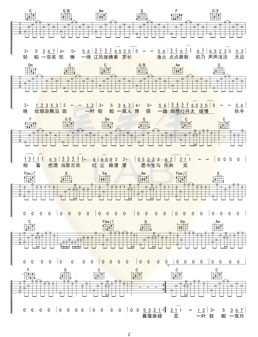 烟雨行舟吉他谱,原版歌曲,简单C调弹唱教学,六线谱指弹简谱3张图