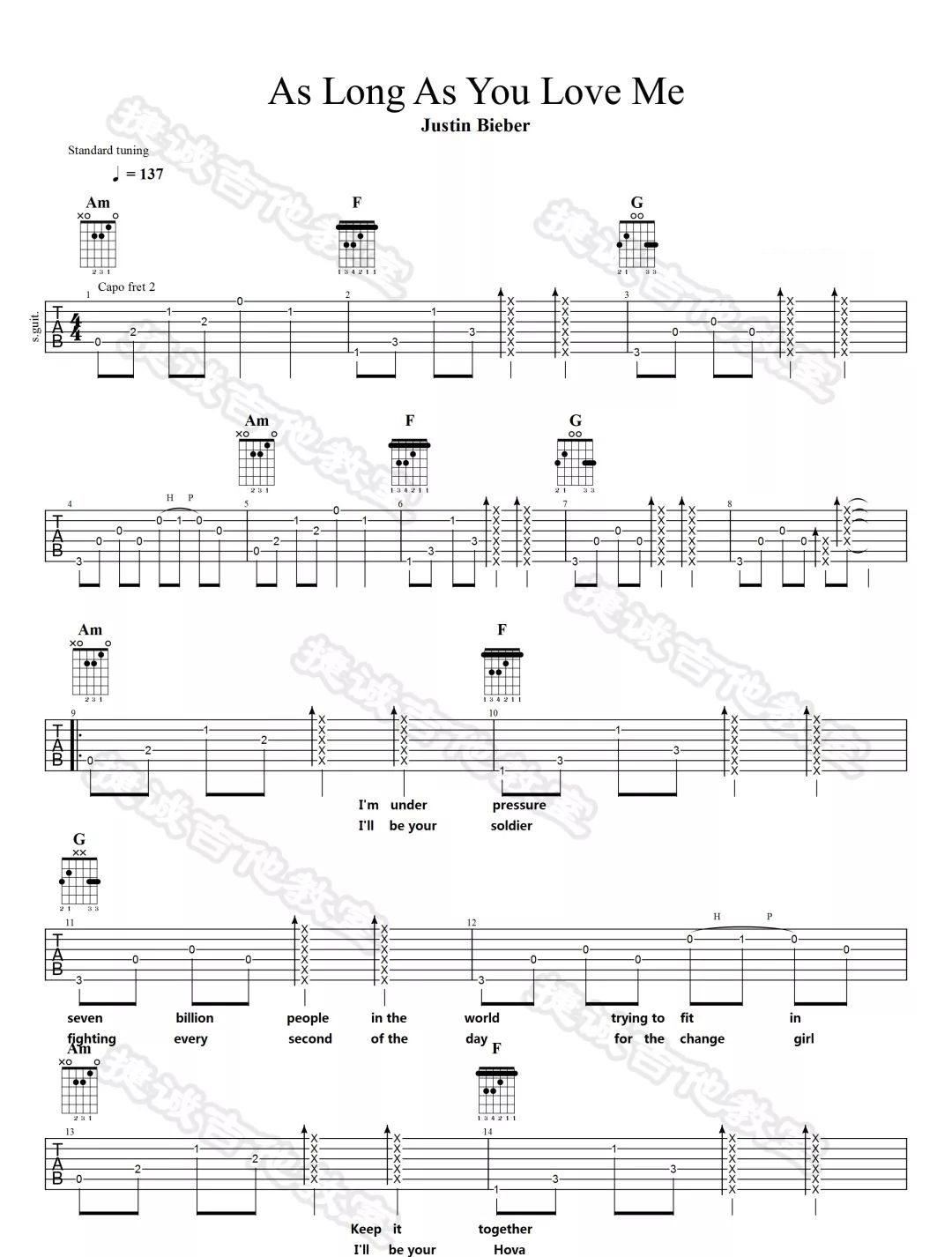 AsLongAsYouLoveMe吉他谱,原版歌曲,简单C调弹唱教学,六线谱指弹简谱9张图