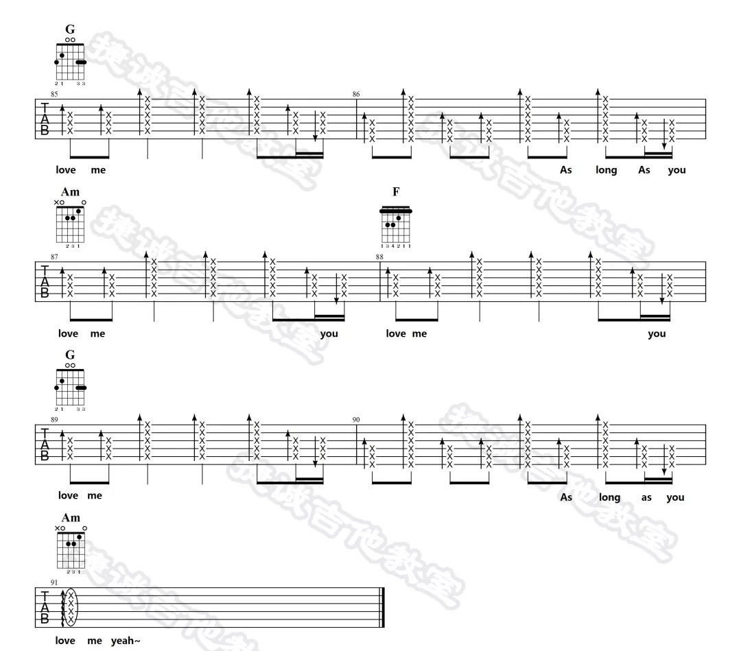 AsLongAsYouLoveMe吉他谱,原版歌曲,简单C调弹唱教学,六线谱指弹简谱9张图