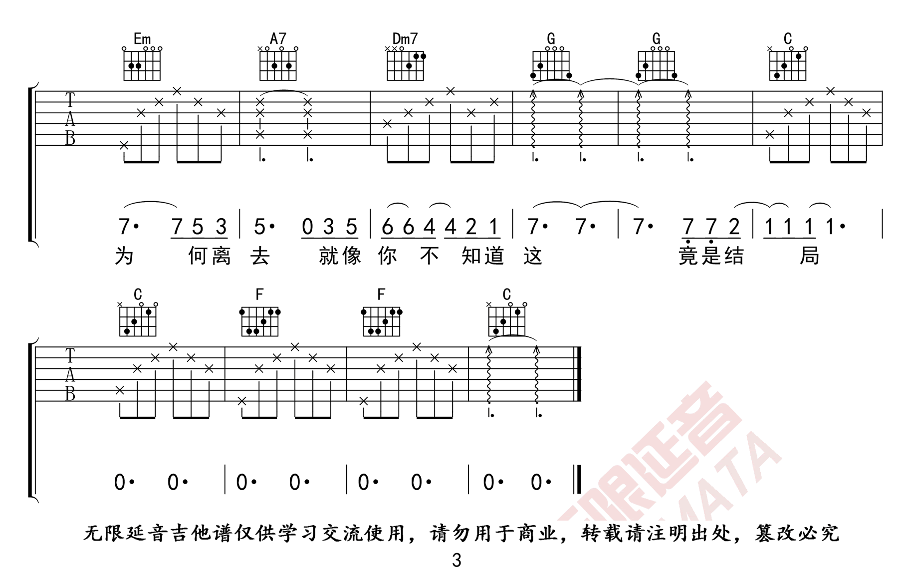 后会无期吉他谱,原版歌曲,简单C调弹唱教学,六线谱指弹简谱3张图