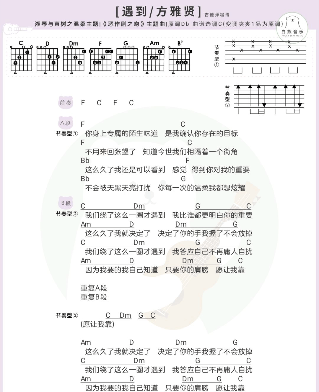 遇到吉他谱,原版歌曲,简单C调弹唱教学,六线谱指弹简谱1张图