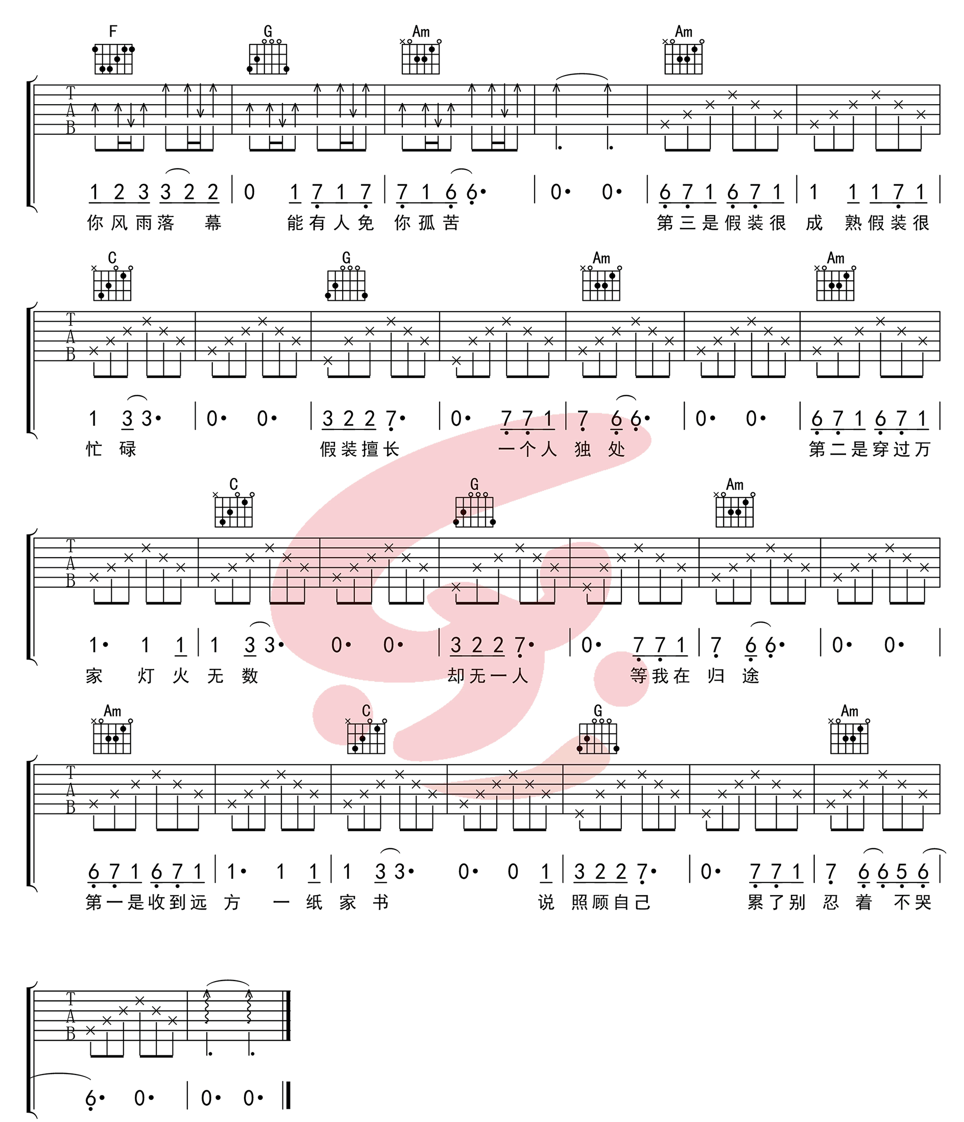 十一种孤独吉他谱,原版歌曲,简单C调弹唱教学,六线谱指弹简谱3张图