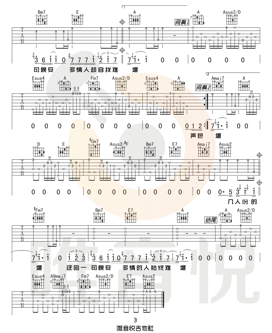 晚安吉他谱,原版歌曲,简单A调弹唱教学,六线谱指弹简谱3张图