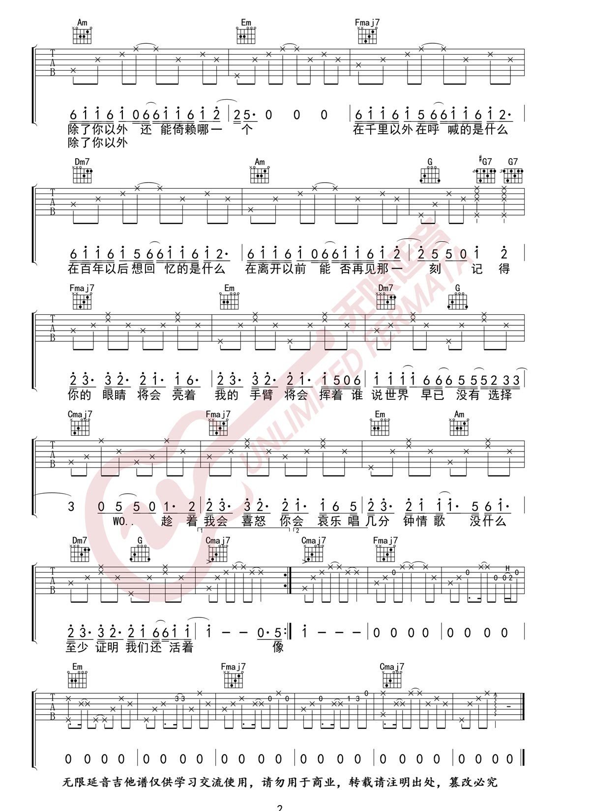 模特吉他谱,原版歌曲,简单C调弹唱教学,六线谱指弹简谱2张图