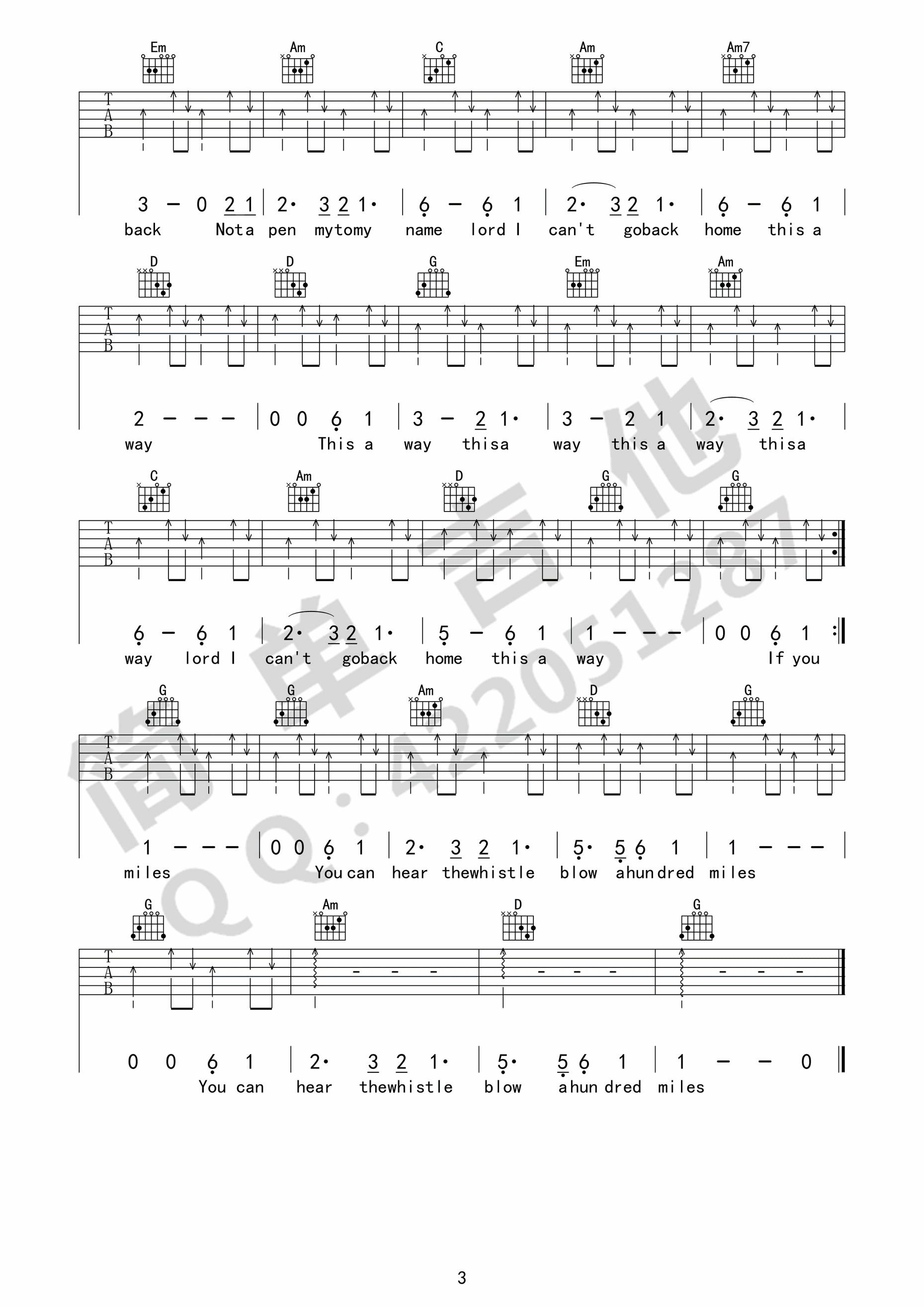 500miles吉他谱,原版歌曲,简单G调弹唱教学,六线谱指弹简谱3张图