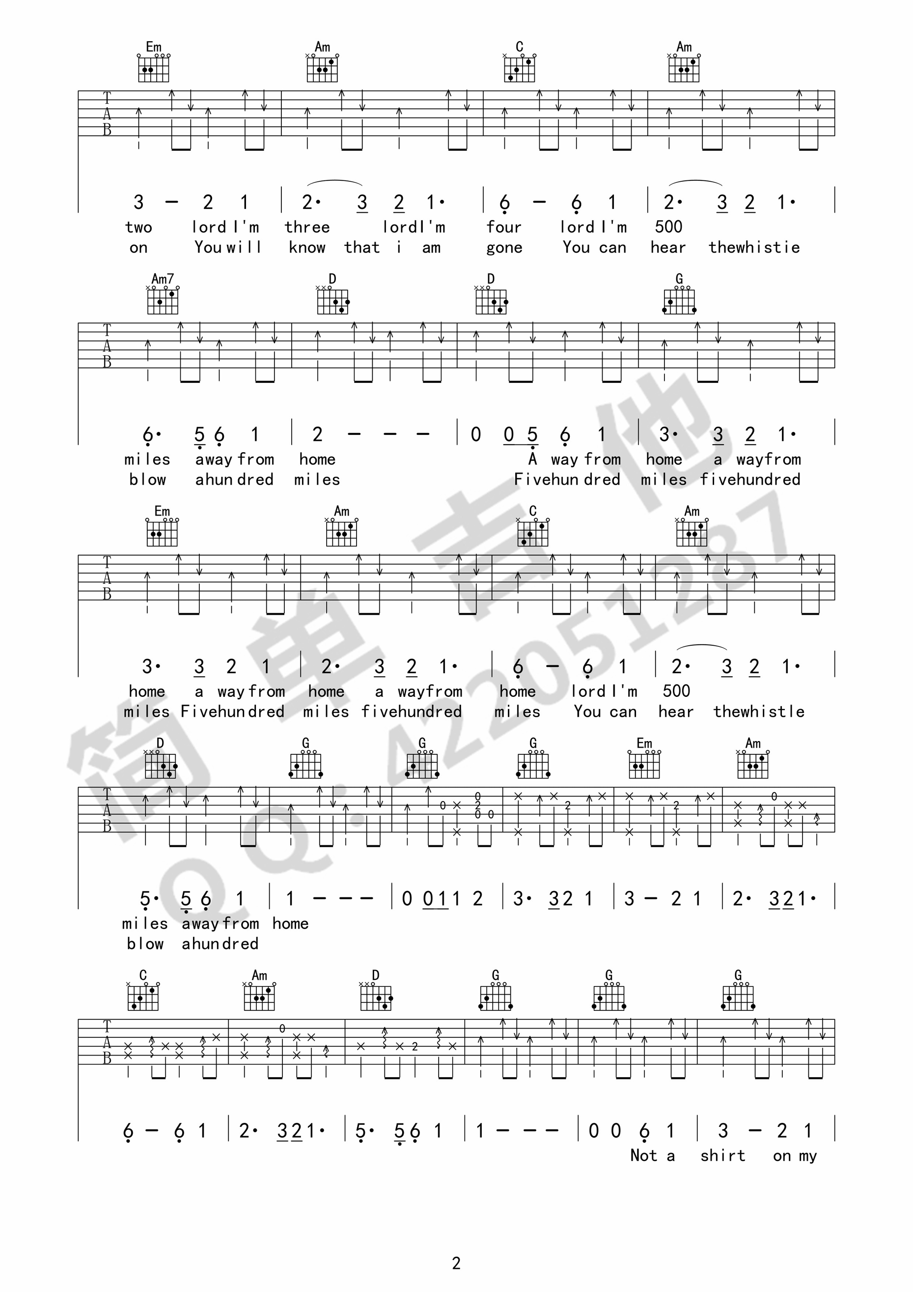 500miles吉他谱,原版歌曲,简单G调弹唱教学,六线谱指弹简谱3张图