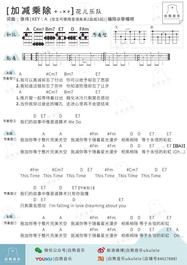 加减乘除吉他谱,原版歌曲,简单A调弹唱教学,六线谱指弹简谱1张图