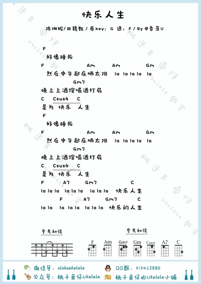 快乐人生吉他谱,原版歌曲,简单F调弹唱教学,六线谱指弹简谱1张图