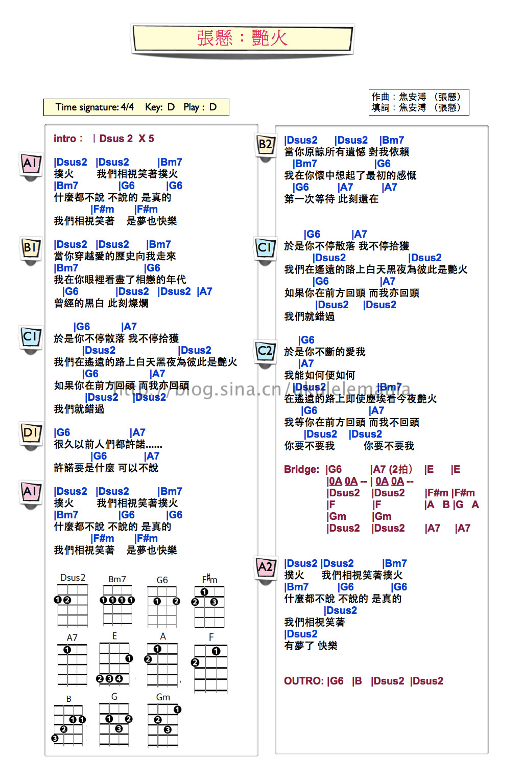 艳火）吉他谱,原版歌曲,简单D调弹唱教学,六线谱指弹简谱2张图