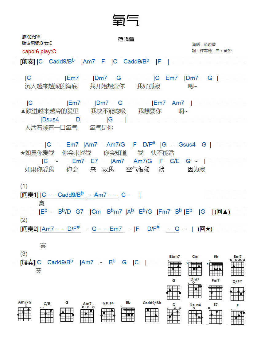 氧气吉他谱,原版歌曲,简单C调弹唱教学,六线谱指弹简谱1张图