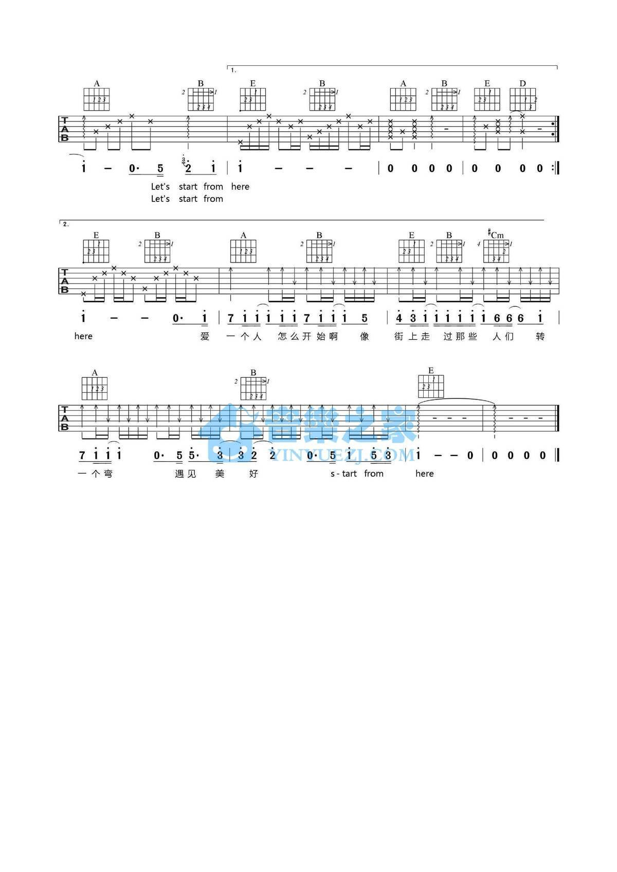 迷宫吉他谱,原版歌曲,简单E调弹唱教学,六线谱指弹简谱2张图