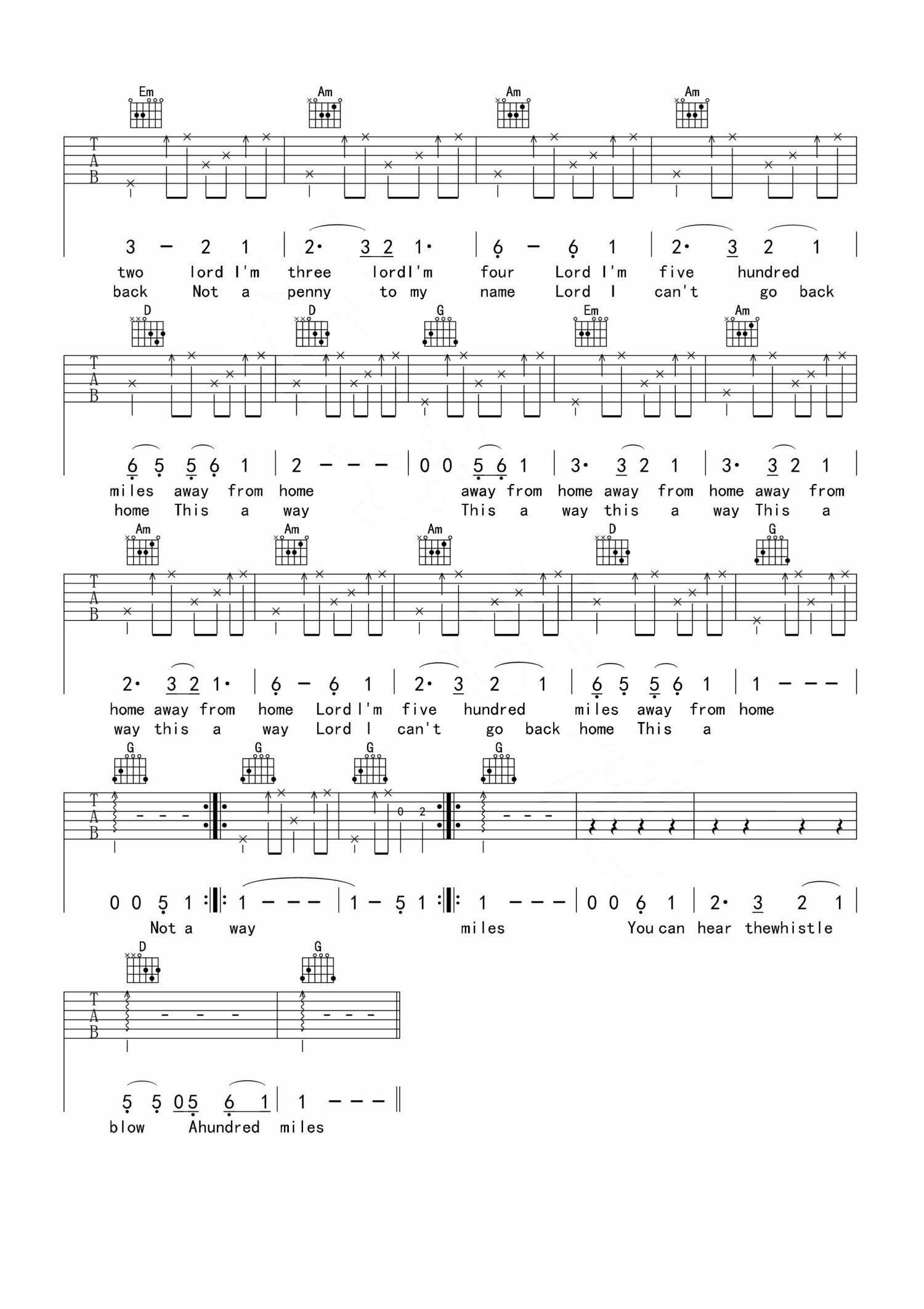 Fivehundredmils吉他谱,原版歌曲,简单G调弹唱教学,六线谱指弹简谱2张图