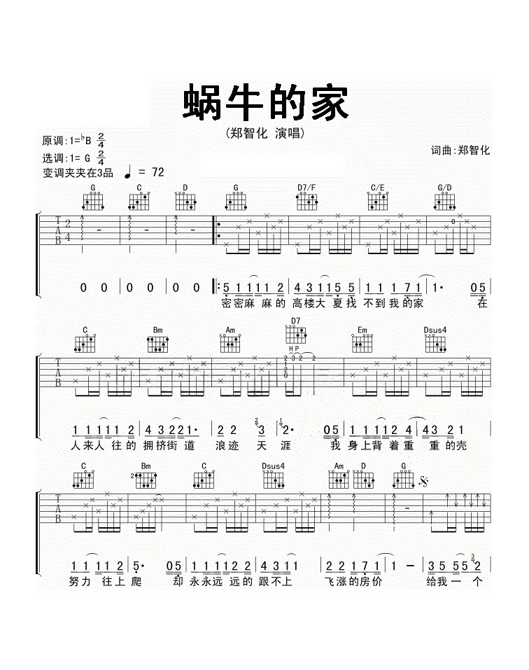 蜗牛的家吉他谱,原版歌曲,简单C调弹唱教学,六线谱指弹简谱2张图