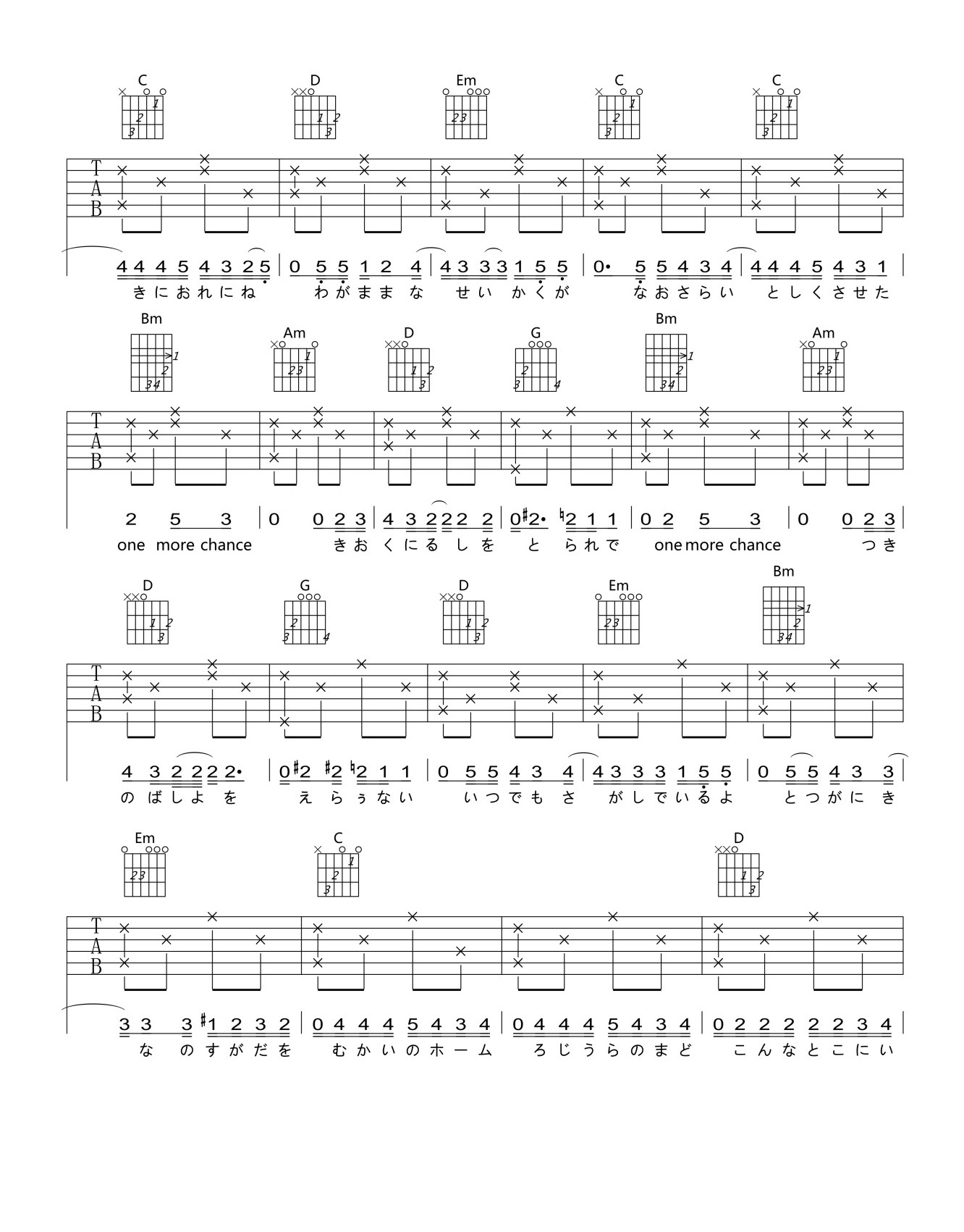 OneMoreTimeOneMoreChance吉他谱,原版歌曲,简单G调弹唱教学,六线谱指弹简谱2张图