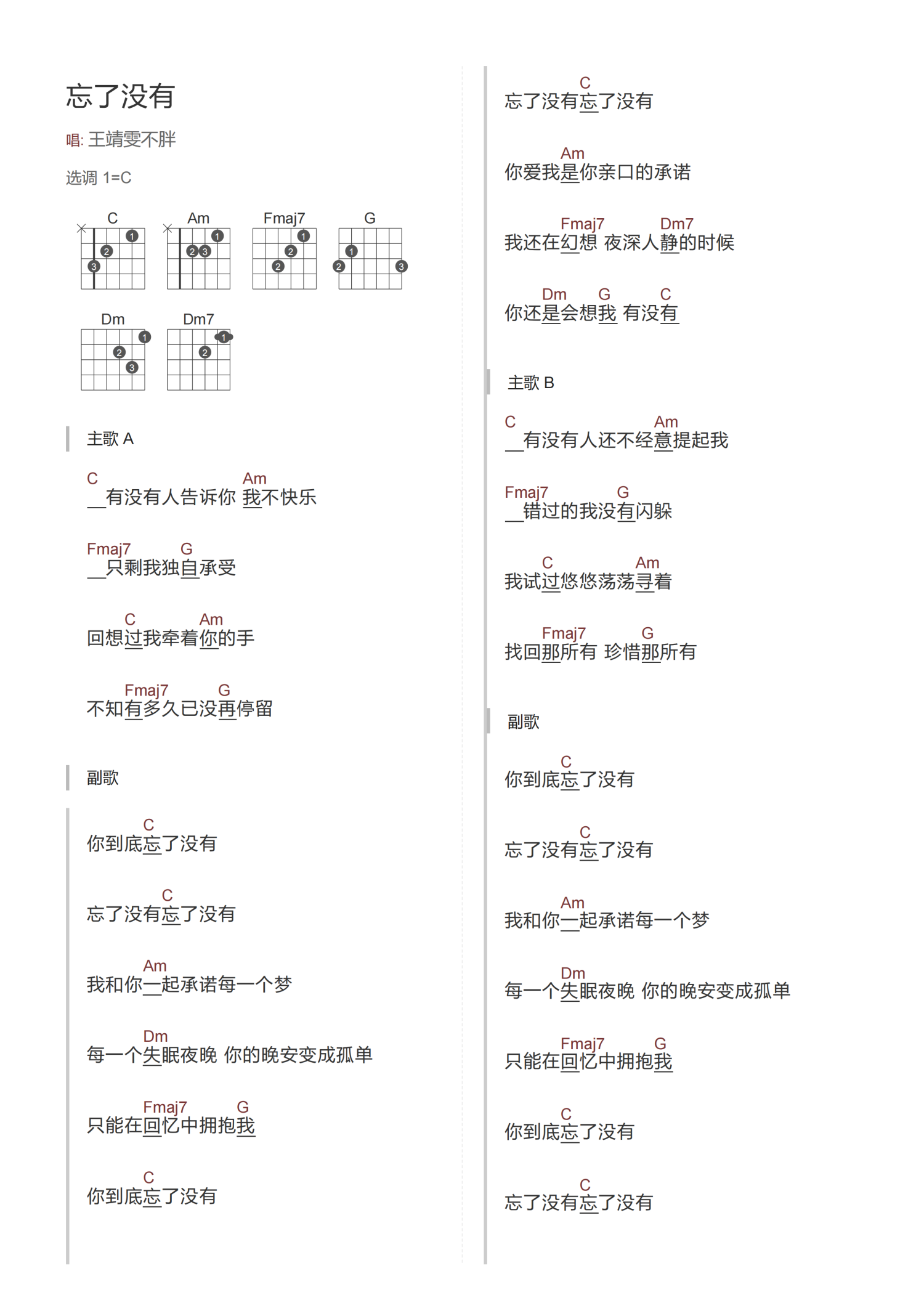 忘了没有吉他谱,原版歌曲,简单C调弹唱教学,六线谱指弹简谱2张图