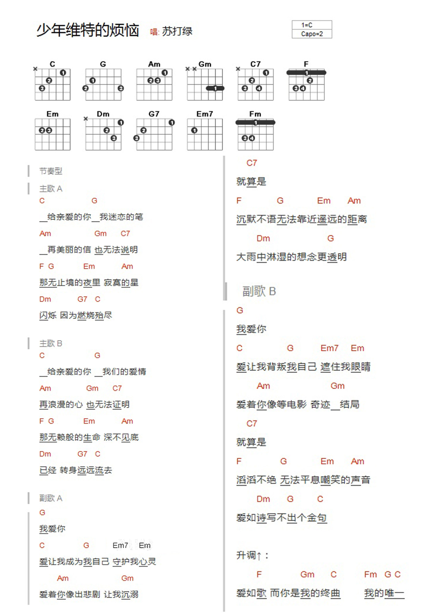 少年维特的烦恼吉他谱,原版歌曲,简单C调弹唱教学,六线谱指弹简谱1张图