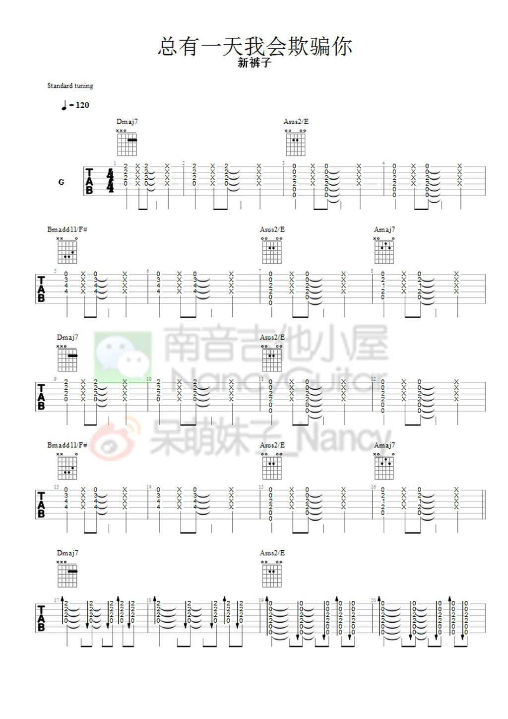 总有一天我会欺骗你吉他谱,原版歌曲,简单未知调弹唱教学,六线谱指弹简谱2张图