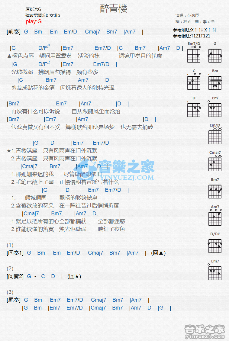 醉青楼吉他谱,原版歌曲,简单G调弹唱教学,六线谱指弹简谱1张图