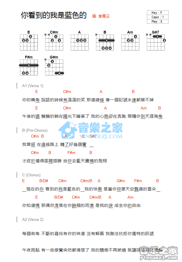 你看到的我是蓝色的吉他谱,原版歌曲,简单E调弹唱教学,六线谱指弹简谱1张图