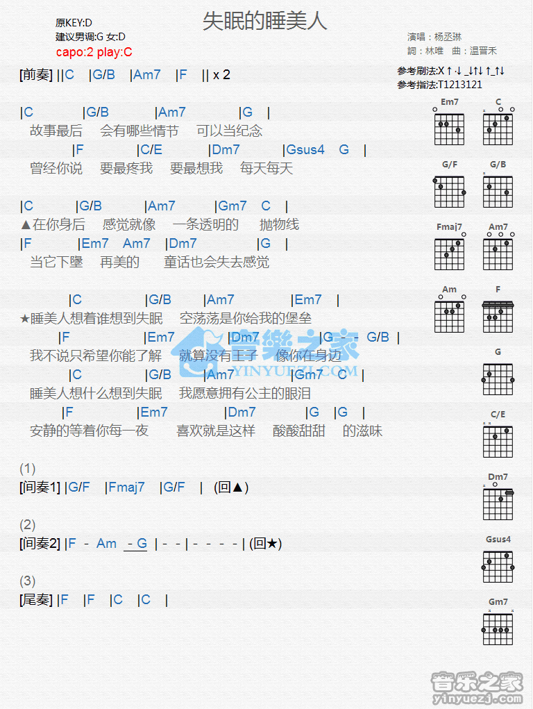 失眠的睡美人吉他谱,原版歌曲,简单C调弹唱教学,六线谱指弹简谱1张图