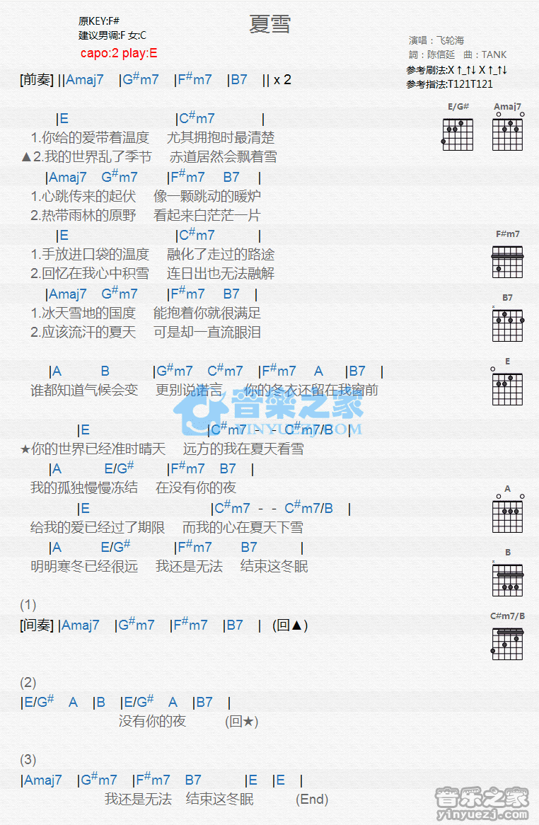 夏雪吉他谱,原版歌曲,简单E调弹唱教学,六线谱指弹简谱1张图