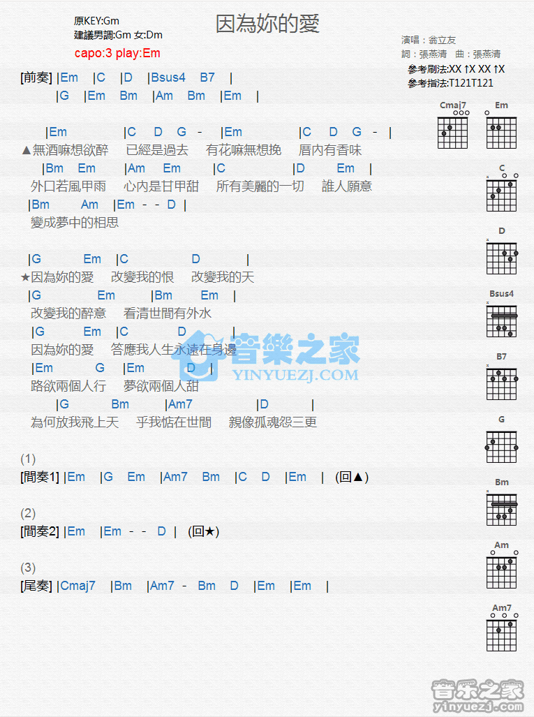 因为你的爱吉他谱,原版歌曲,简单G调弹唱教学,六线谱指弹简谱1张图