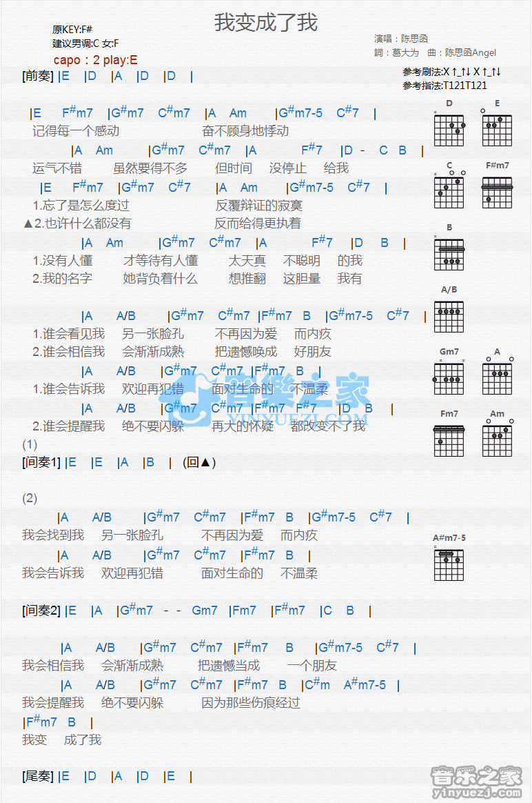 我变成了我吉他谱,原版歌曲,简单E调弹唱教学,六线谱指弹简谱1张图