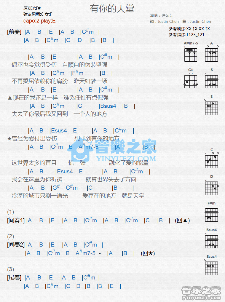 有你的天堂吉他谱,原版歌曲,简单E调弹唱教学,六线谱指弹简谱1张图