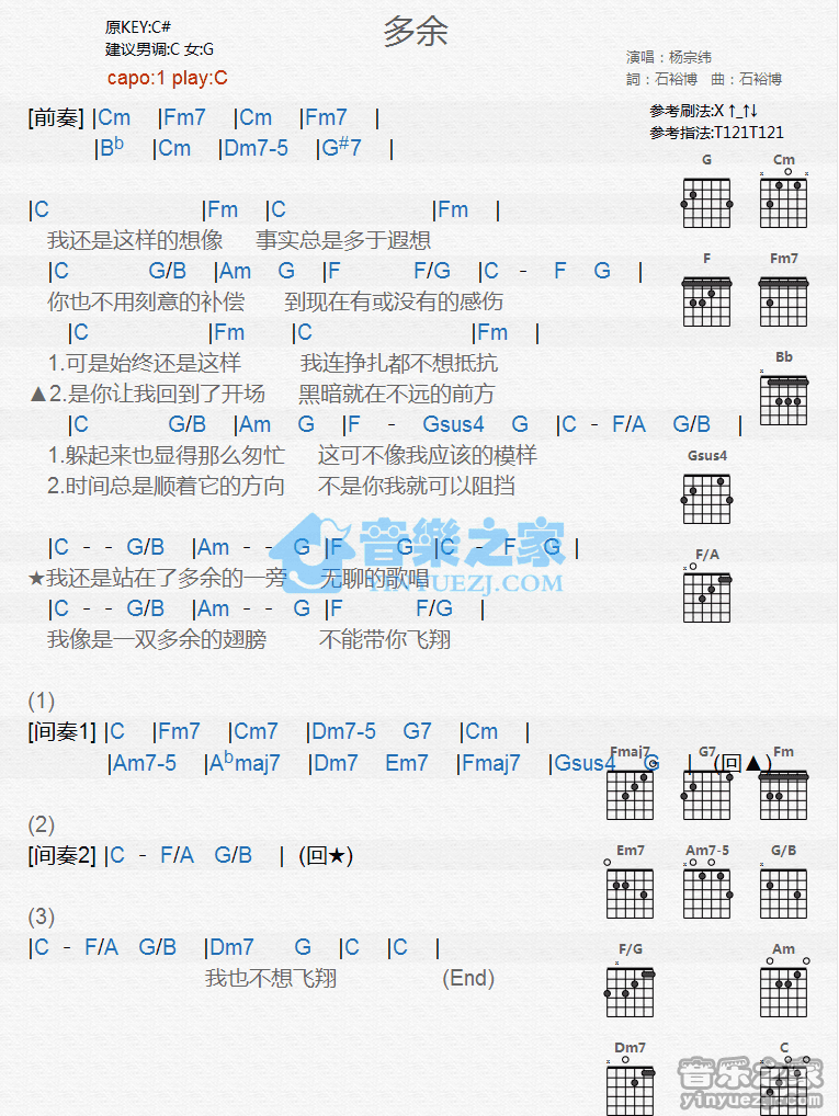 多余吉他谱,原版歌曲,简单C调弹唱教学,六线谱指弹简谱1张图