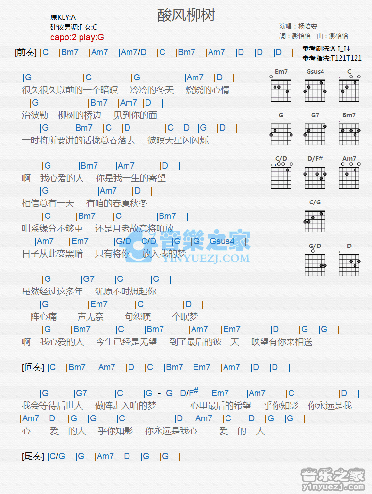 酸风柳树吉他谱,原版歌曲,简单G调弹唱教学,六线谱指弹简谱1张图