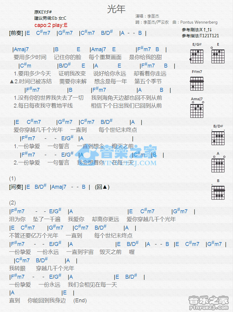 光年吉他谱,原版歌曲,简单E调弹唱教学,六线谱指弹简谱1张图